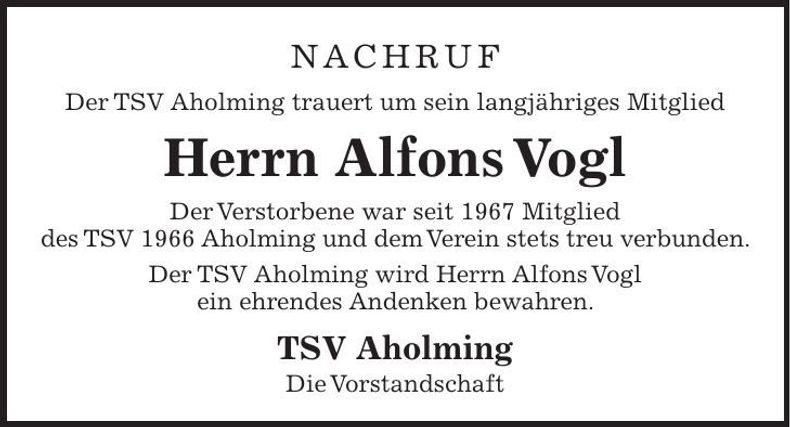Traueranzeige Vogl Alfons