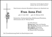 Traueranzeige Anna Frei