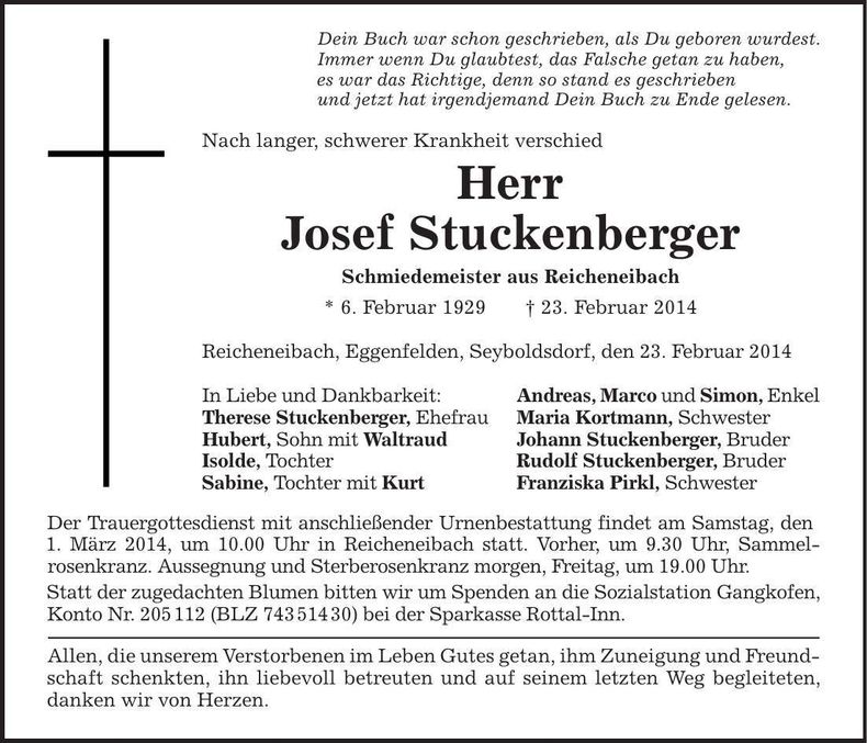 Traueranzeige Josef Stuckenberger
