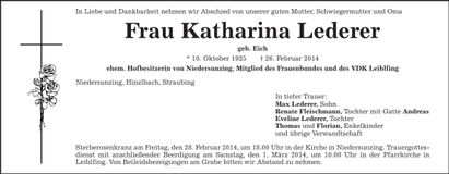 Traueranzeige Katharina Lederer