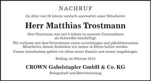 Traueranzeige Matthias Trostmann