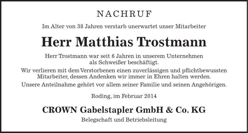 Traueranzeige Matthias Trostmann