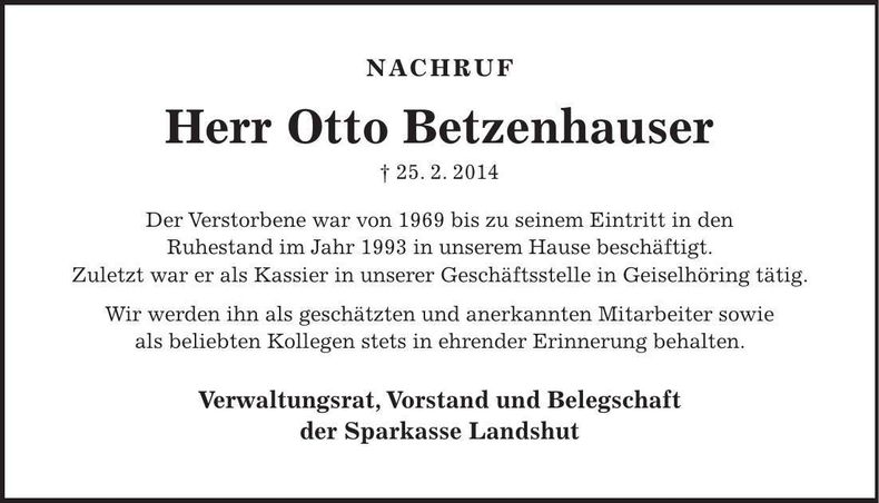 Traueranzeige Otto Betzenhauser