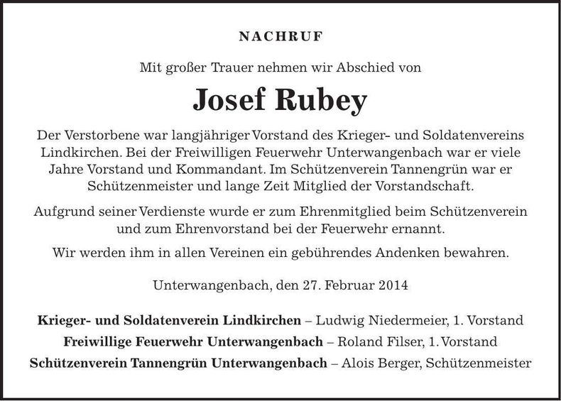 Traueranzeige Josef Rubey