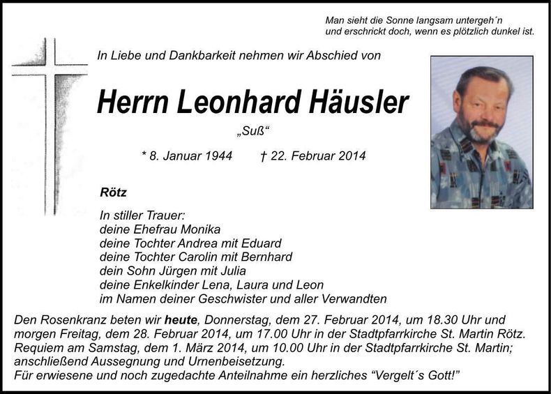 Traueranzeige Leonhard Häusler