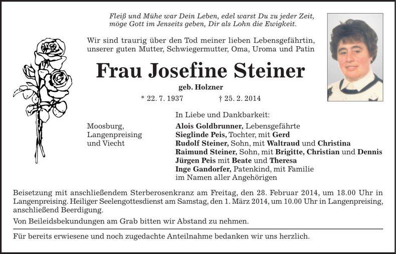 Traueranzeige Josefine Steiner