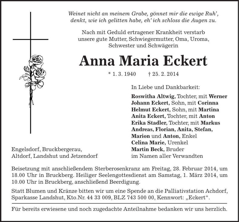 Traueranzeige Anna Maria Eckert