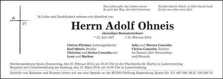 Traueranzeige Adolf Ohneis