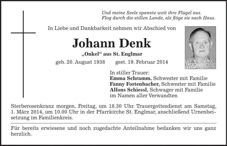 Traueranzeige Johann Denk