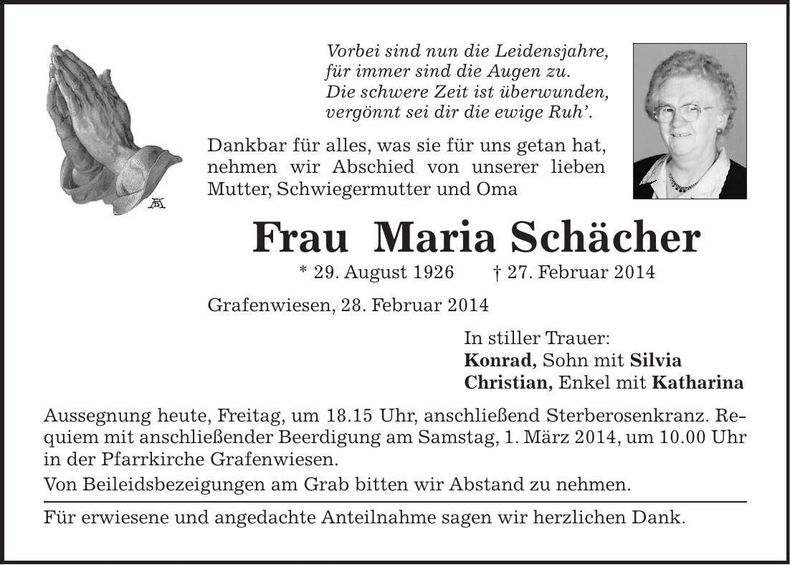 Traueranzeige Maria Schächer