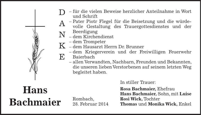 Traueranzeige Hans Bachmaier