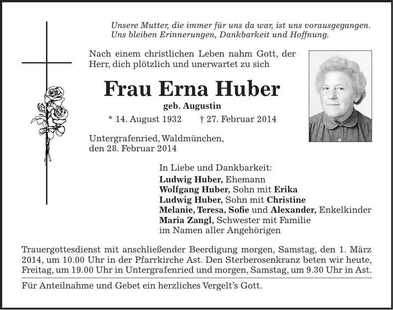 Traueranzeige Erna Huber