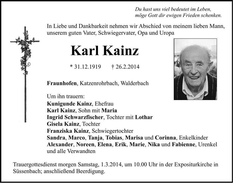 Traueranzeige Karl Kainz