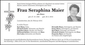 Traueranzeige Seraphina Maier