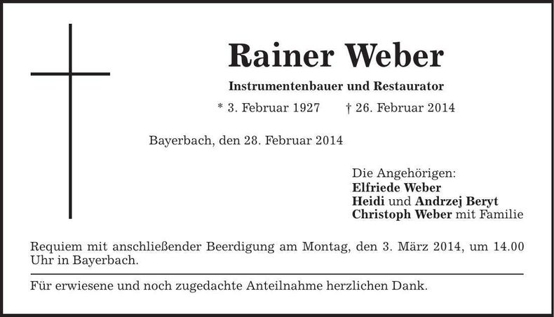 Traueranzeige Rainer Weber