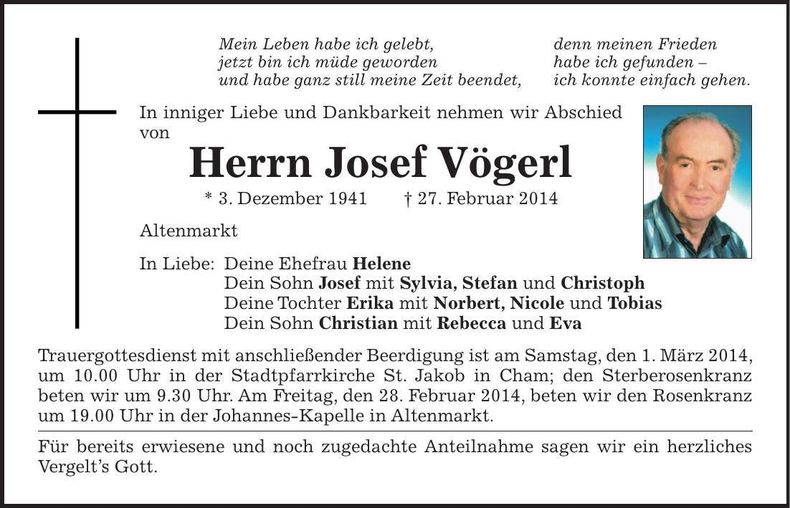Traueranzeige Josef Vögerl
