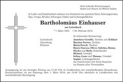 Traueranzeige Bartholomäus Einhauser