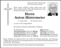 Traueranzeige Anton Hintermeier
