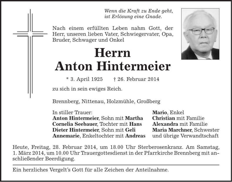 Traueranzeige Anton Hintermeier