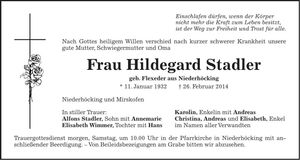 Traueranzeige Hildegard Stadler