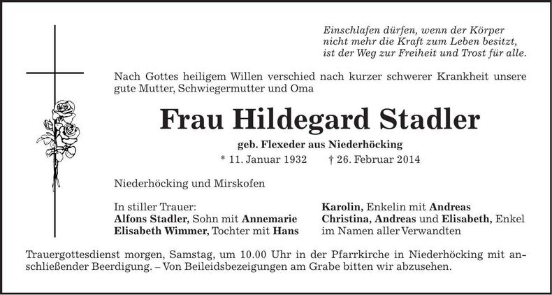 Traueranzeige Hildegard Stadler