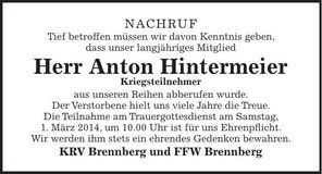 Traueranzeige Anton Hintermeier