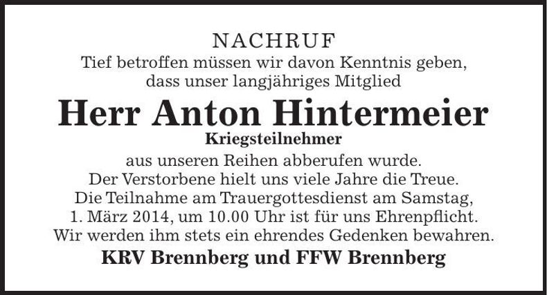 Traueranzeige Anton Hintermeier