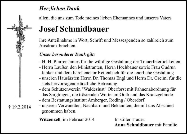 Traueranzeige Josef Schmidbauer