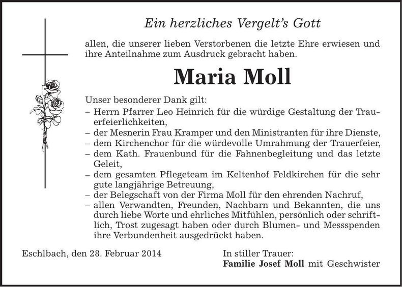 Traueranzeige Maria Moll