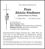Traueranzeige Aloisia Studener