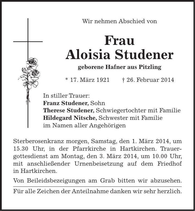 Traueranzeige Aloisia Studener