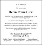 Traueranzeige Franz Gierl