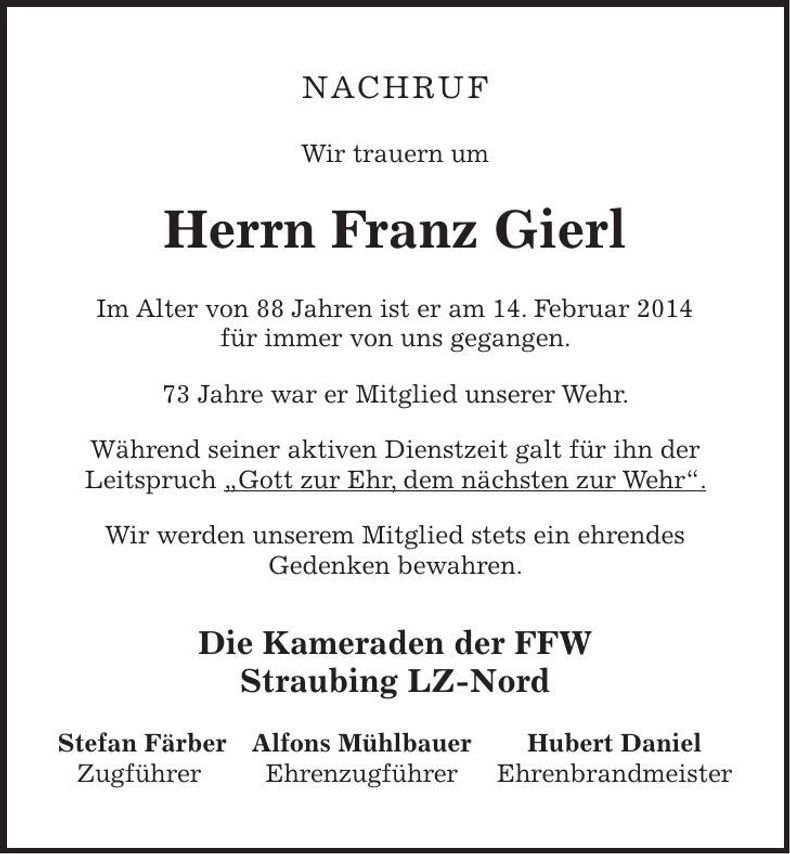 Traueranzeige Franz Gierl