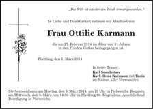 Traueranzeige Ottilie Karmann