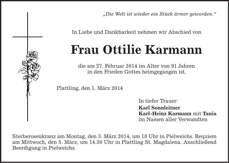 Traueranzeige Ottilie Karmann