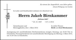 Traueranzeige Jakob Birnkammer