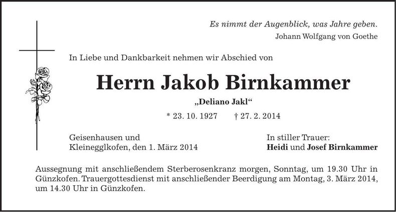 Traueranzeige Jakob Birnkammer