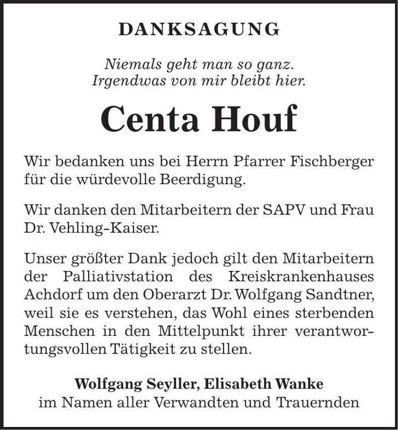 Traueranzeige Centa Houf