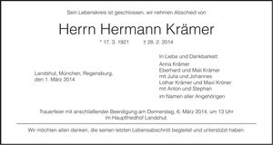 Traueranzeige Hermann Krämer