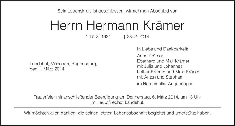 Traueranzeige Hermann Krämer