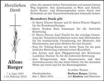 Traueranzeige Alfons Burger