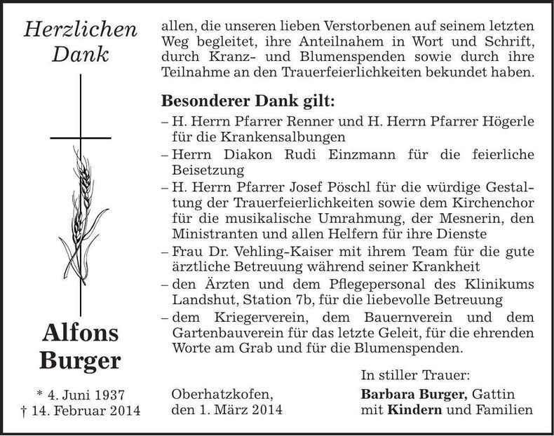 Traueranzeige Alfons Burger