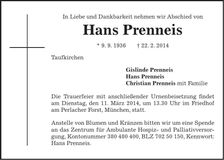 Traueranzeige Hans Prenneis