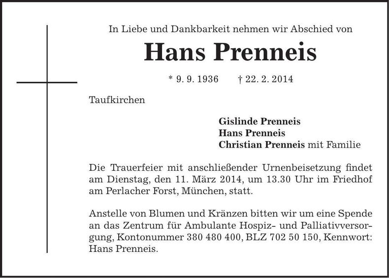 Traueranzeige Hans Prenneis