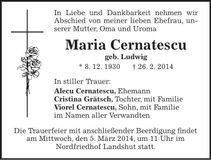 Traueranzeige Maria Cernatescu