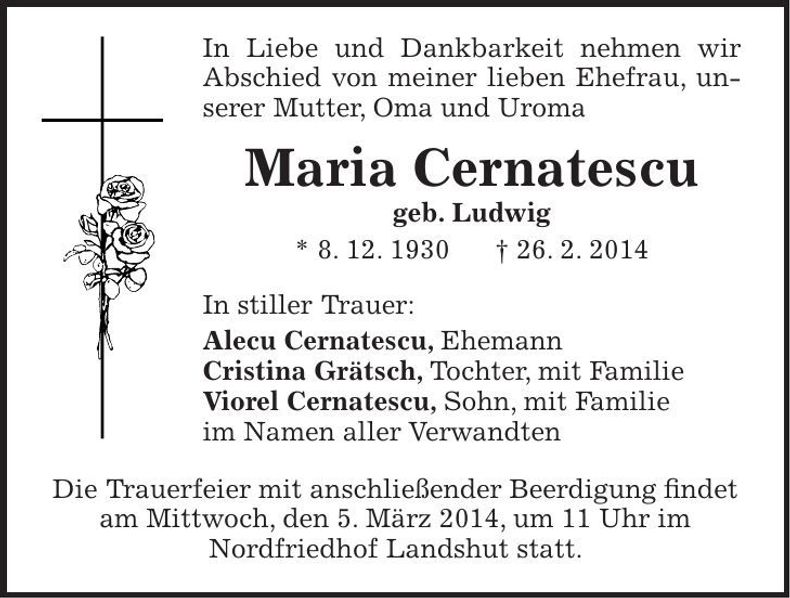 Traueranzeige Maria Cernatescu