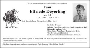 Traueranzeige Elfirede Deyerling