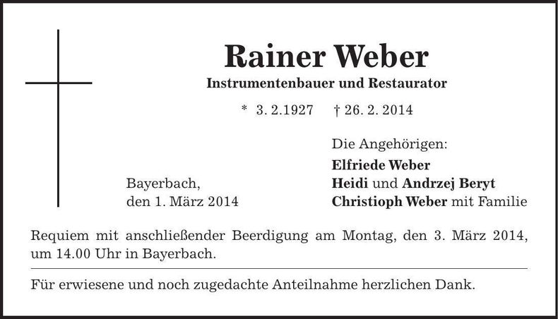 Traueranzeige Rainer Weber