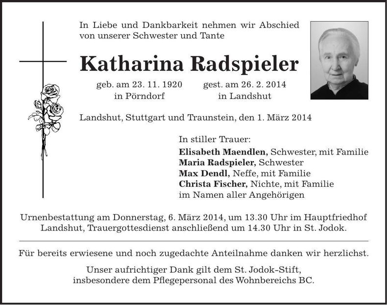 Traueranzeige Katharina Radspieler