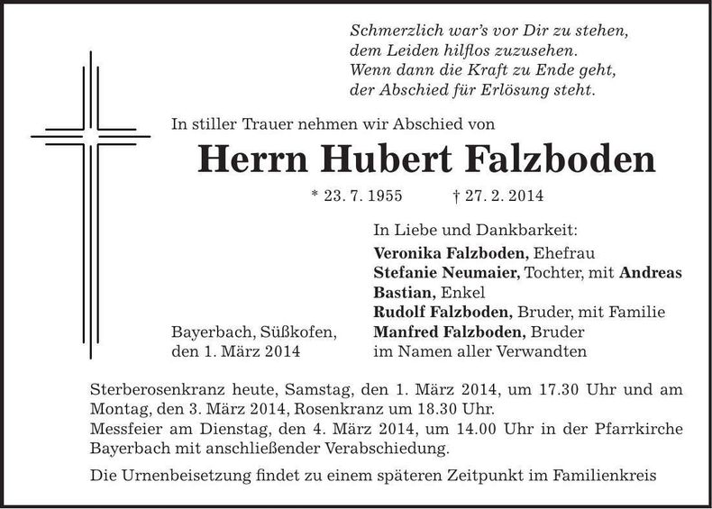 Traueranzeige Hubert Falzboden